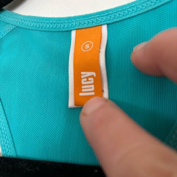 Lucy teal workout top, very slimming and tight, bra support, size Small - Picture 2 of 7